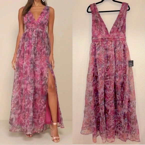 Size M - NWT Lulus Garden Romance Magenta‎ Floral Print Organza Maxi Dress - Picture 1 of 10